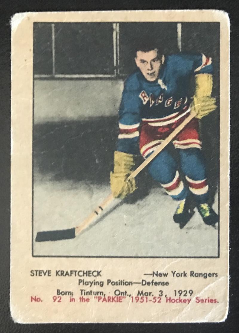 1951-52 Parkhurst #92 Steve Kraftcheck RC Rookie Rangers Vintage Hockey