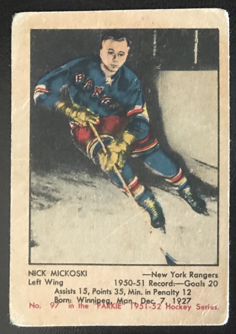 1951-52 Parkhurst #97 Nick Mickoski RC Rookie Rangers Vintage Hockey