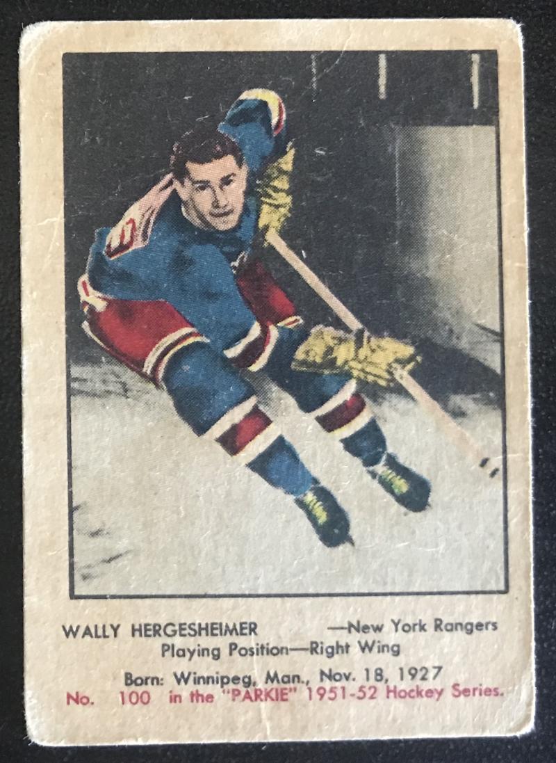 1951-52 Parkhurst #100 Wally Hergesheimer RC Rookie Rangers Vintage Hockey