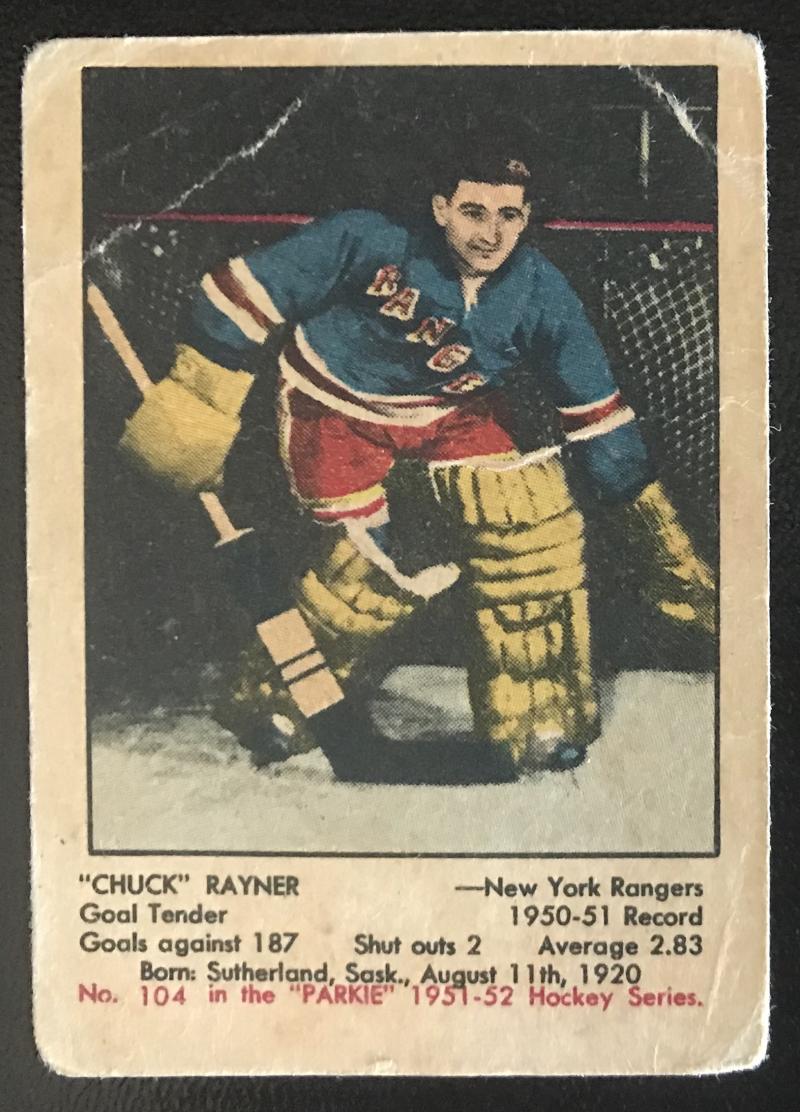 1951-52 Parkhurst #104 Chuck Rayner RC Rookie Rangers Vintage Hockey