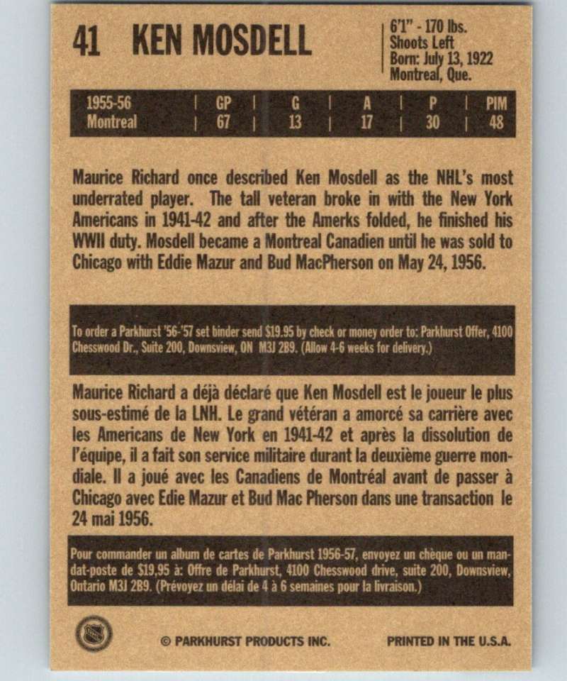 1994-95 Parkhurst Missing Link #41 Ken Mosdell Blackhawks NHL Hockey Image 2