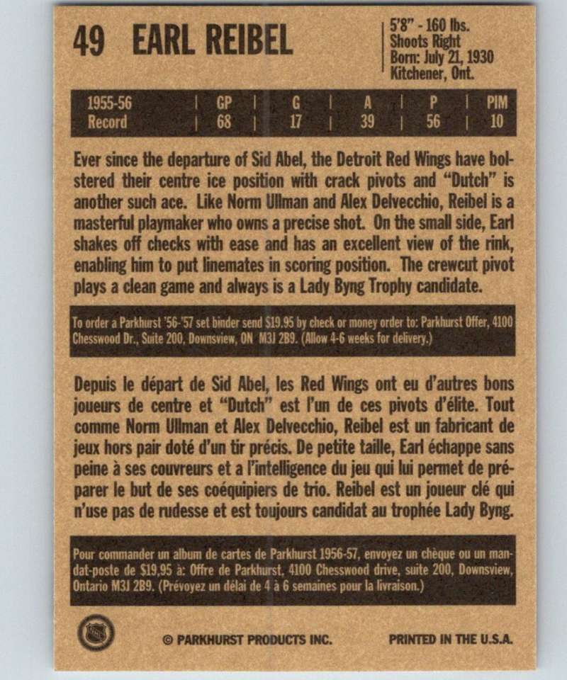 1994-95 Parkhurst Missing Link #49 Earl Reibel Red Wings NHL Hockey