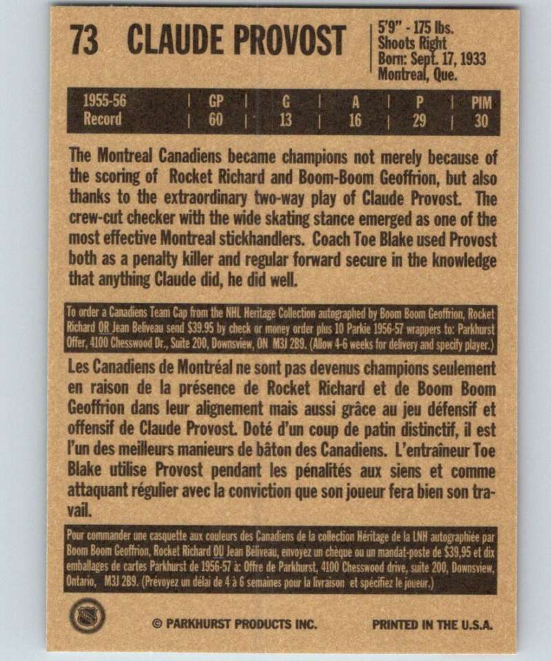 1994-95 Parkhurst Missing Link #73 Claude Provost Canadiens NHL Hockey