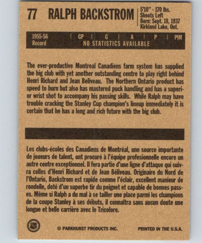 1994-95 Parkhurst Missing Link #77 Ralph Backstrom Canadiens NHL Hockey