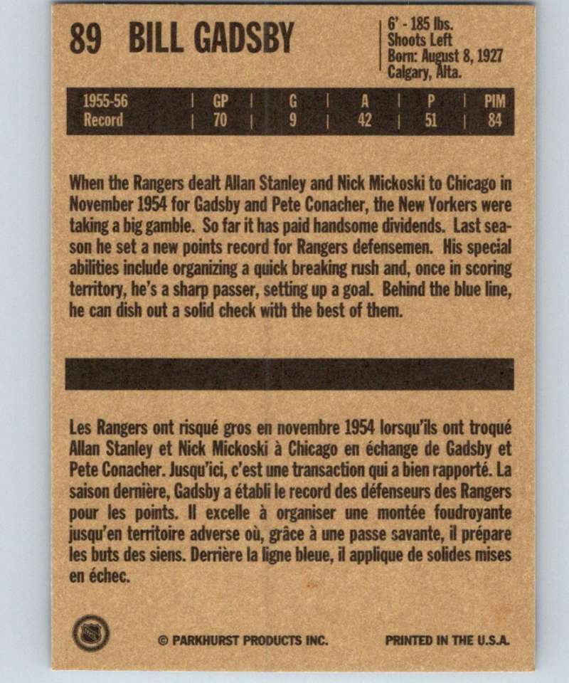 1994-95 Parkhurst Missing Link #89 Bill Gadsby NY Rangers NHL Hockey