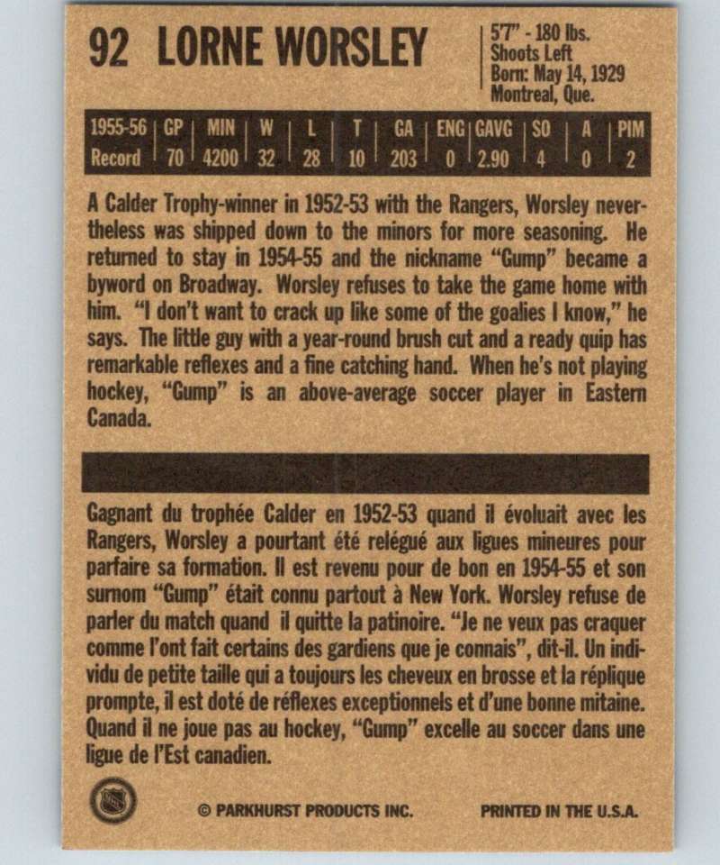 1994-95 Parkhurst Missing Link #92 Gump Worsley NY Rangers NHL Hockey