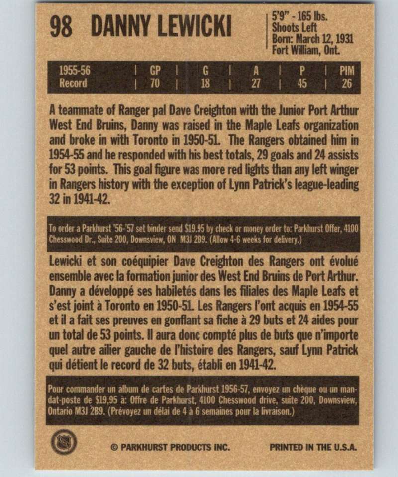 1994-95 Parkhurst Missing Link #98 Danny Lewicki NY Rangers NHL Hockey