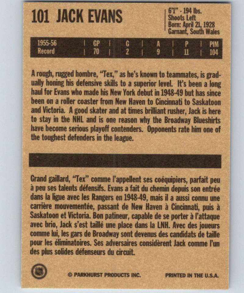 1994-95 Parkhurst Missing Link #101 Jack Evans NY Rangers NHL Hockey