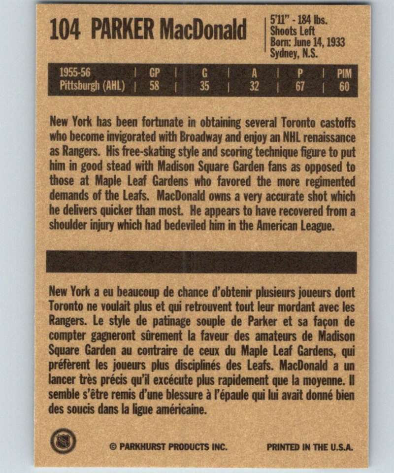 1994-95 Parkhurst Missing Link #104 Parker MacDonald NY Rangers NHL Hockey Image 2