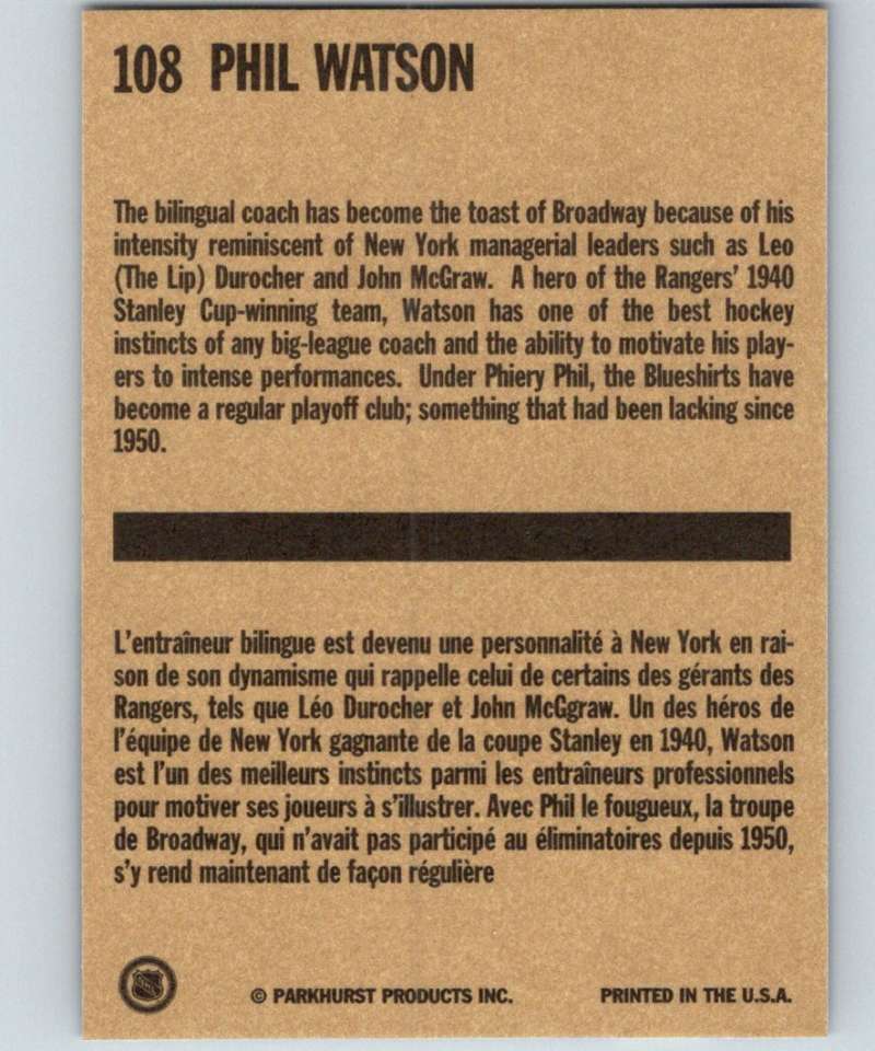 1994-95 Parkhurst Missing Link #108 Phil Watson NY Rangers CO NHL Hockey Image 2