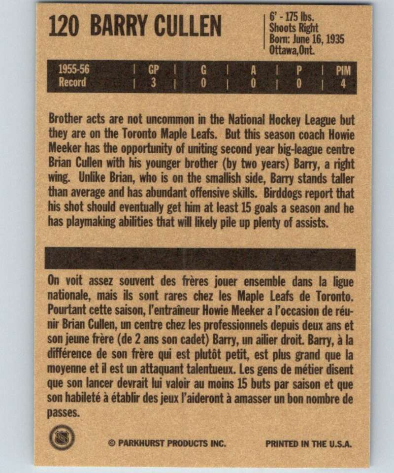 1994-95 Parkhurst Missing Link #120 Barry Cullen Maple Leafs NHL Hockey