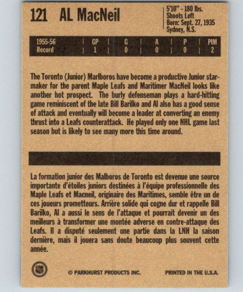 1994-95 Parkhurst Missing Link #121 Al MacNeil Maple Leafs NHL Hockey
