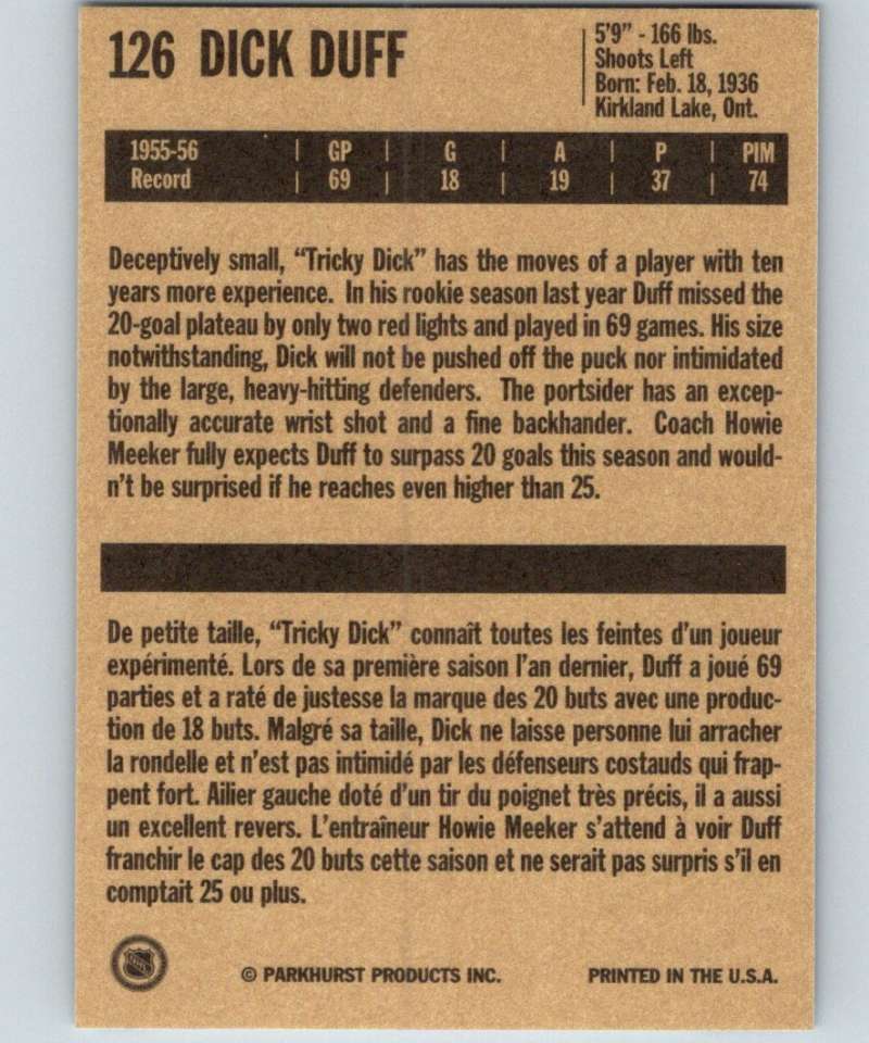 1994-95 Parkhurst Missing Link #126 Dick Duff Maple Leafs NHL Hockey