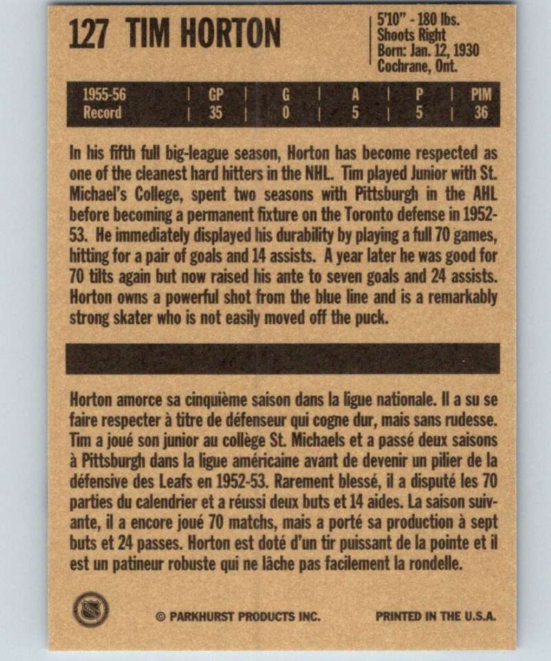 1994-95 Parkhurst Missing Link #127 Tim Horton Maple Leafs NHL Hockey