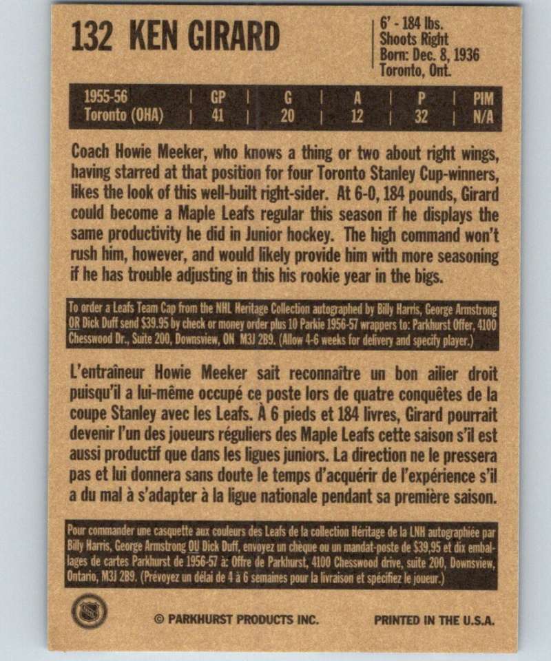 1994-95 Parkhurst Missing Link #132 Ken Girard Maple Leafs NHL Hockey