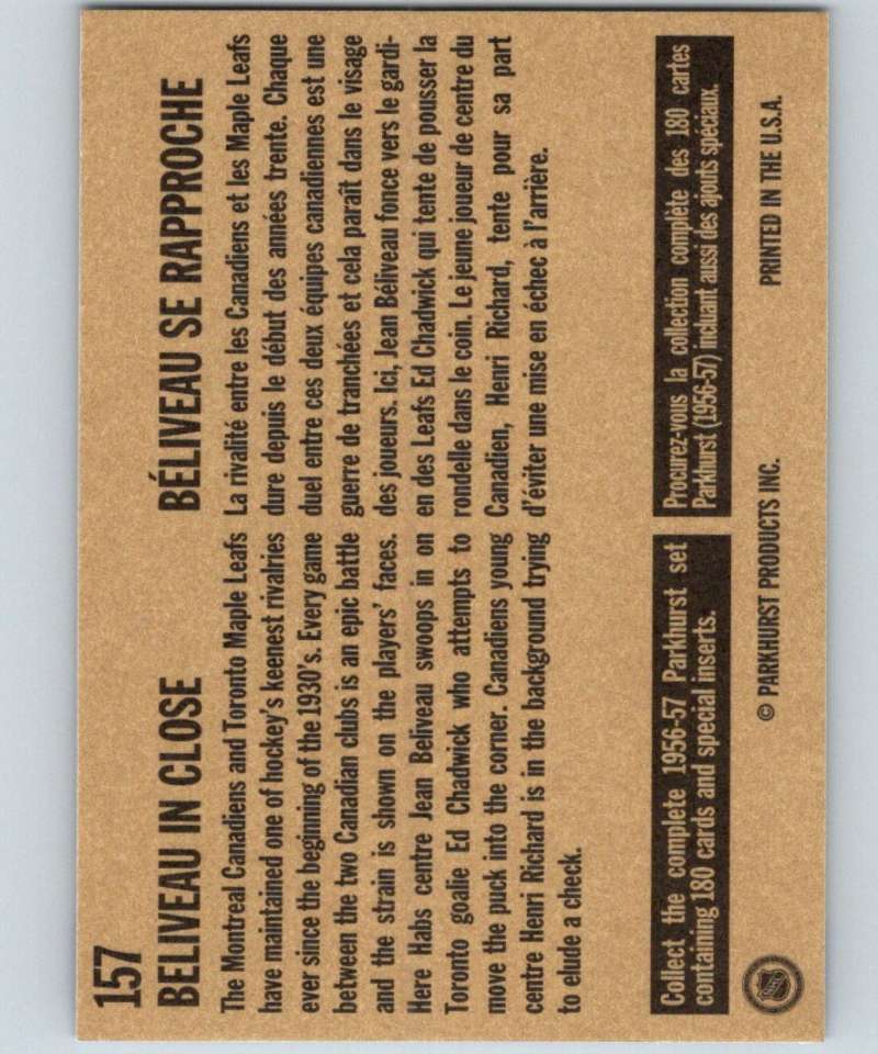 1994-95 Parkhurst Missing Link #157 Beliveau in Close NHL Hockey Image 2