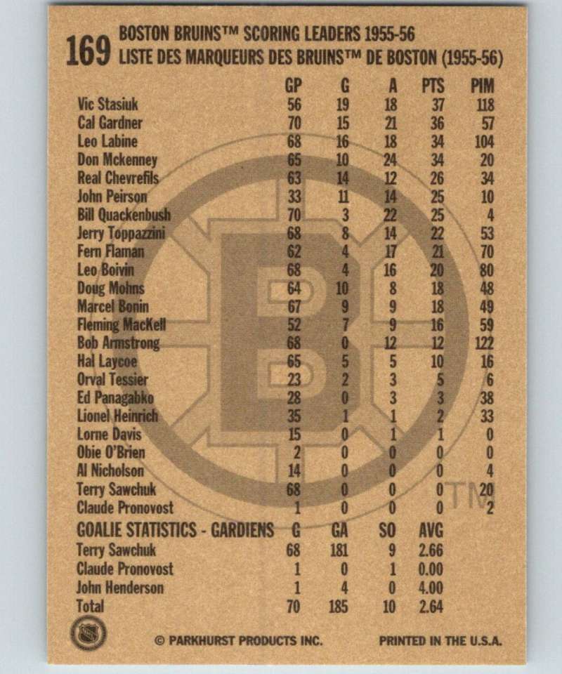 1994-95 Parkhurst Missing Link #169 Vic Stasiuk Bruins SL NHL Hockey