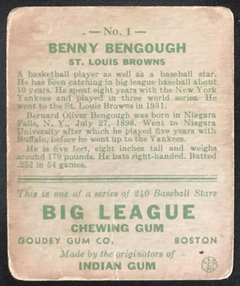 1933 Goudey #1 Benny Bengough Rookie RC Vintage MLB Baseball Card - BV $2500