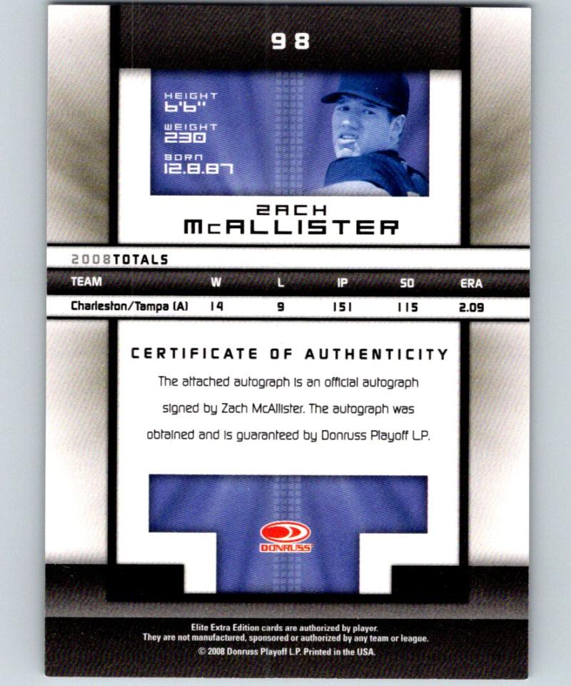 2008 Donruss Elite Extra Edition Signature #98 Zach McAllister  Auto 584/844