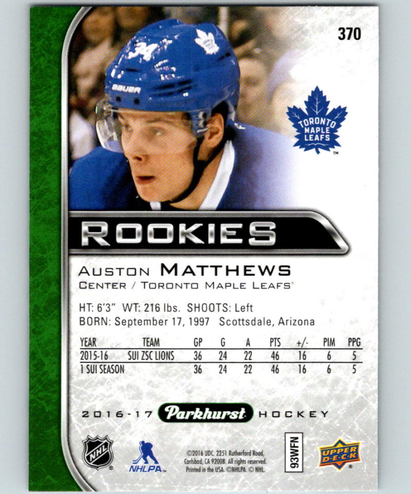 2016-17 Upper Deck Parkhurst #370 Auston Matthews RC Rookie NHL 05256