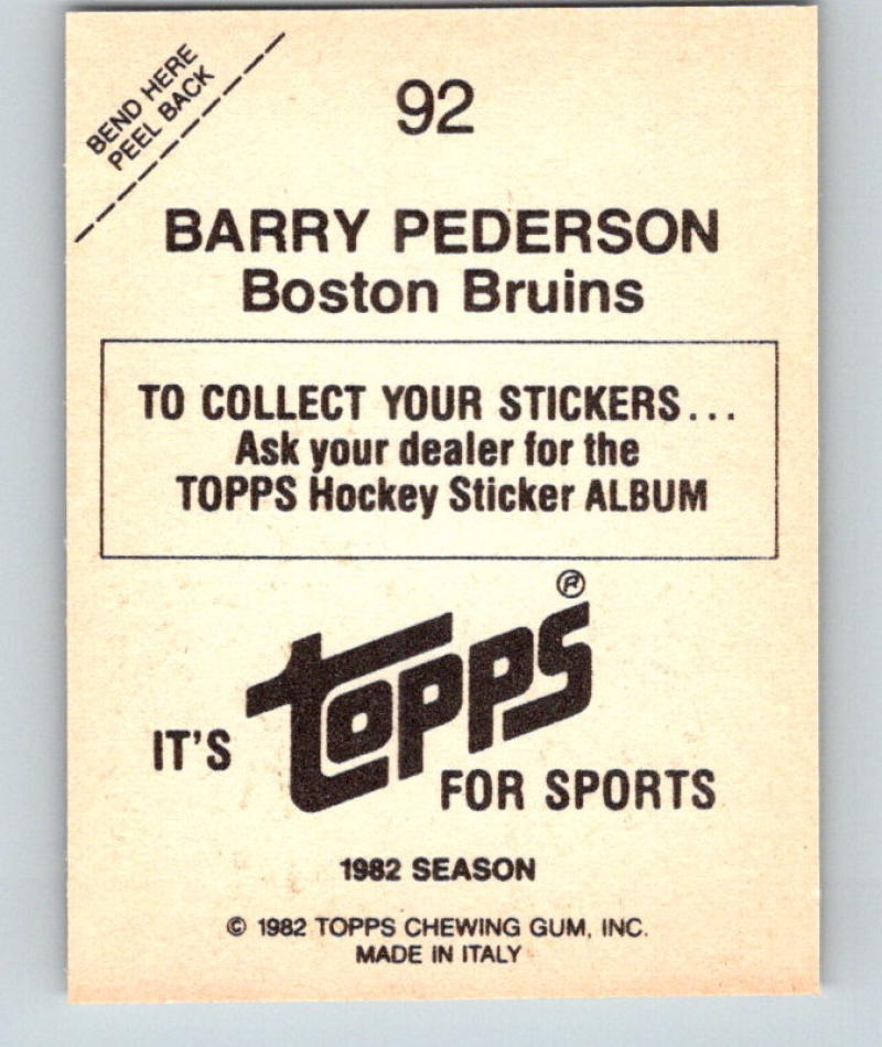 1982-83 Topps Stickers #92 Barry Pederson NHL Hockey 06901 Image 2