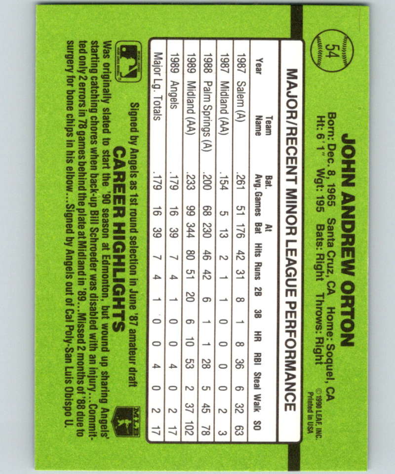 1990 Donruss Rookies #54 John Orton New RC Rookie California Angels  Image 2