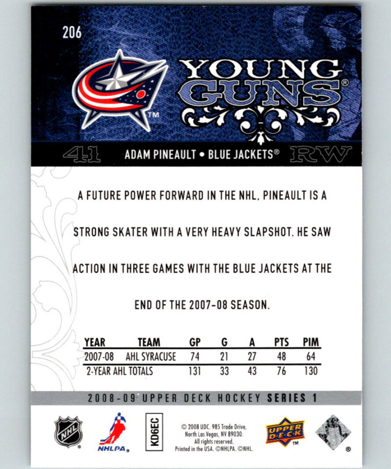 2008-09 Upper Deck #206 Adam Pineault RC Rookie Jackets YG Young Gun 06932 Image 2