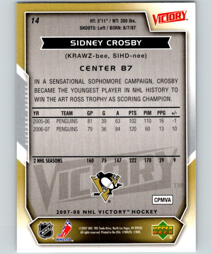 2007-08 Upper Deck Victory #14 Sidney Crosby MINT Pittsburgh Penguins 05264 Image 2