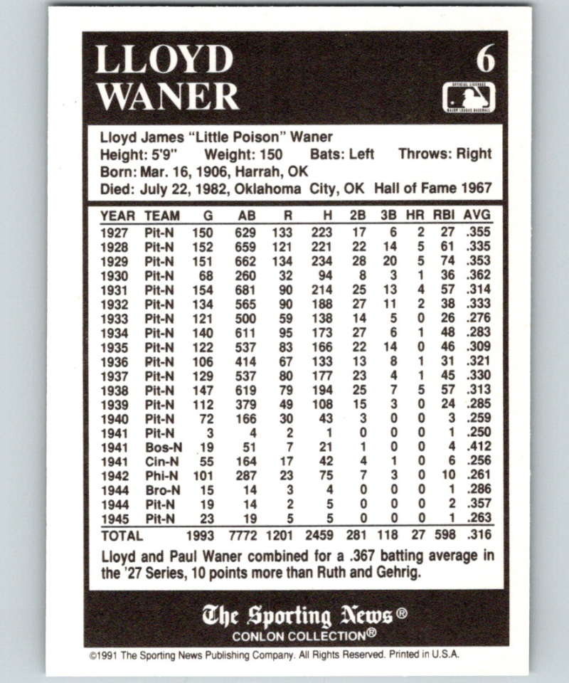 1991 Conlon Collection #6 Lloyd Waner HOF NM Pittsburgh Pirates