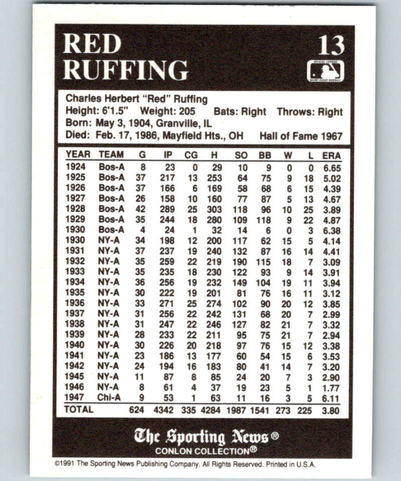 1991 Conlon Collection #13 Red Ruffing HOF NM Boston Red Sox  Image 2