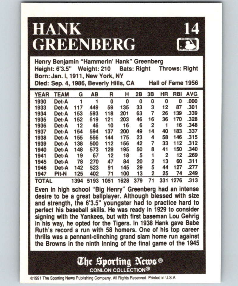 1991 Conlon Collection #14 Hank Greenberg HOF NM Detroit Tigers