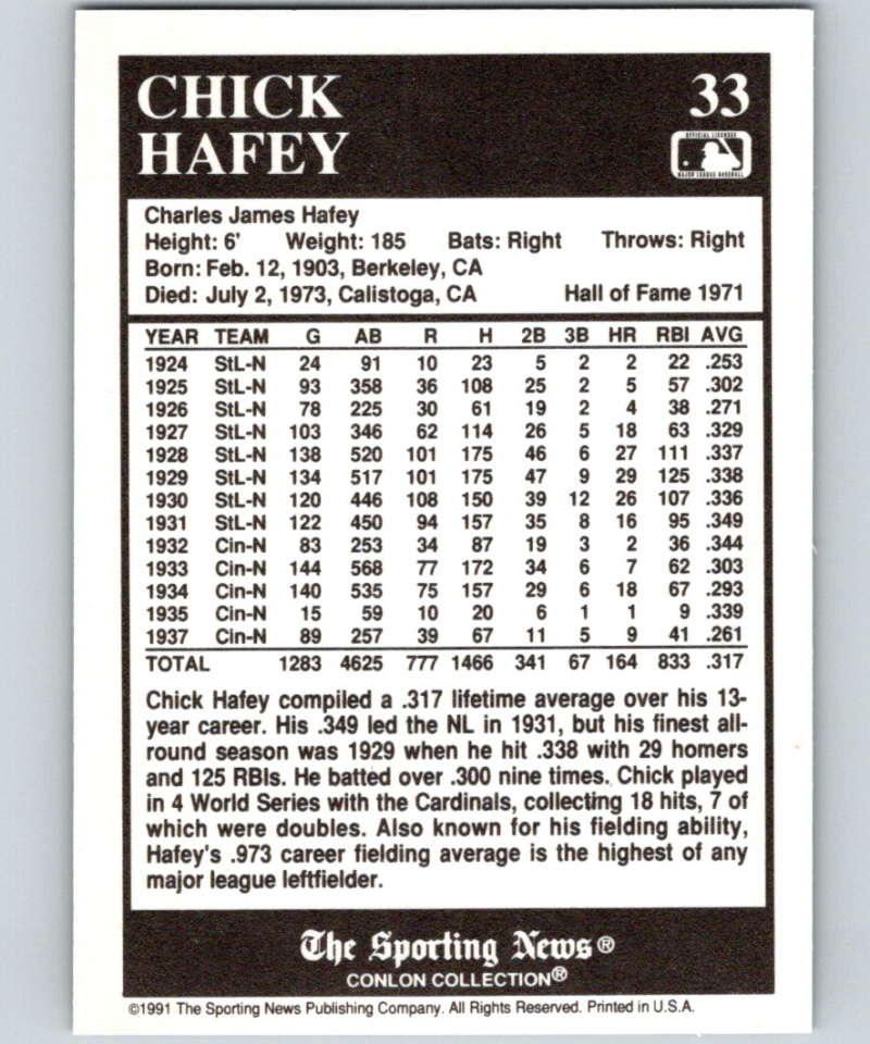 1991 Conlon Collection #33 Chick Hafey HOF NM St. Louis Cardinals  Image 2