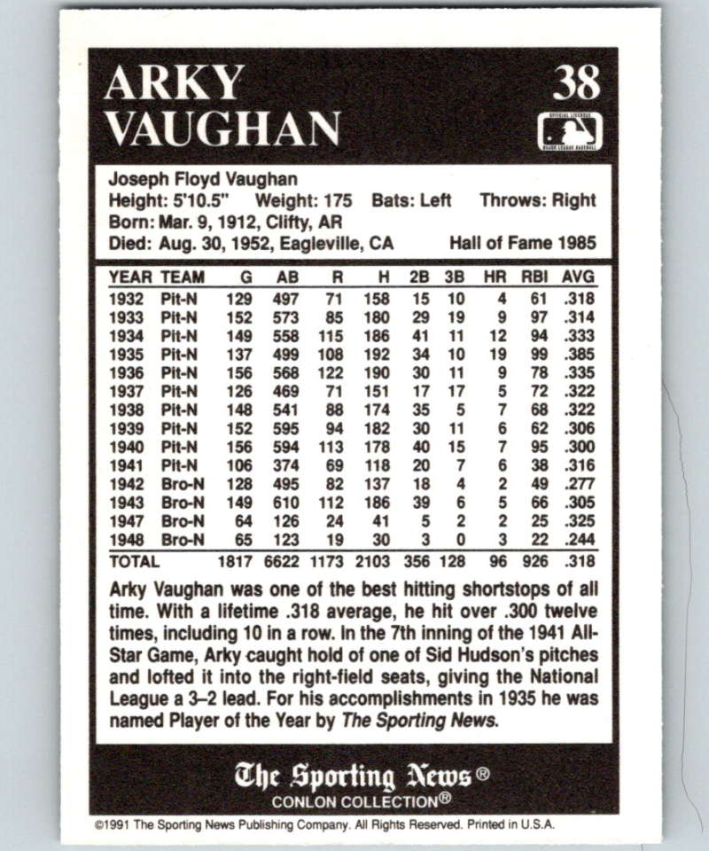 1991 Conlon Collection #38 Arky Vaughan HOF NM Pittsburgh Pirates  Image 2