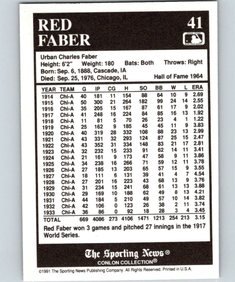 1991 Conlon Collection #41 Red Faber HOF NM Chicago White Sox  Image 2