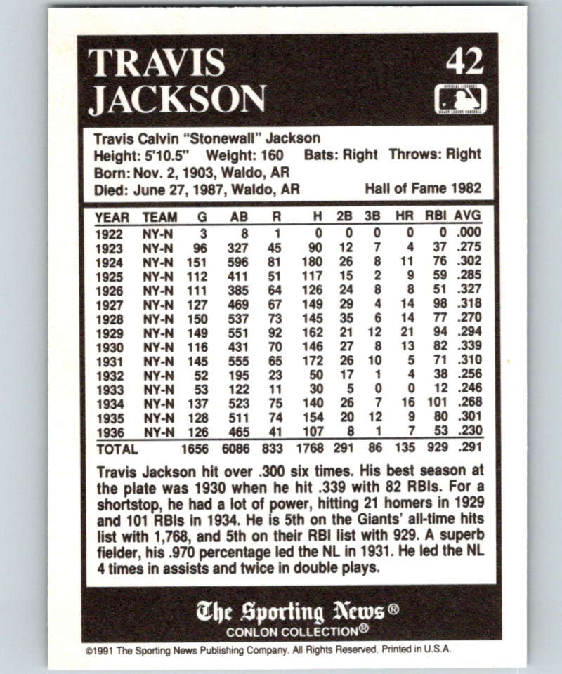1991 Conlon Collection #42 Travis Jackson HOF NM New York Giants  Image 2