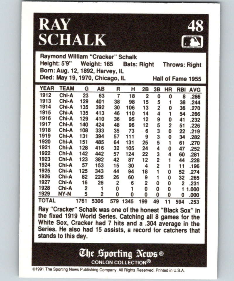 1991 Conlon Collection #48 Ray Schalk HOF NM Chicago White Sox