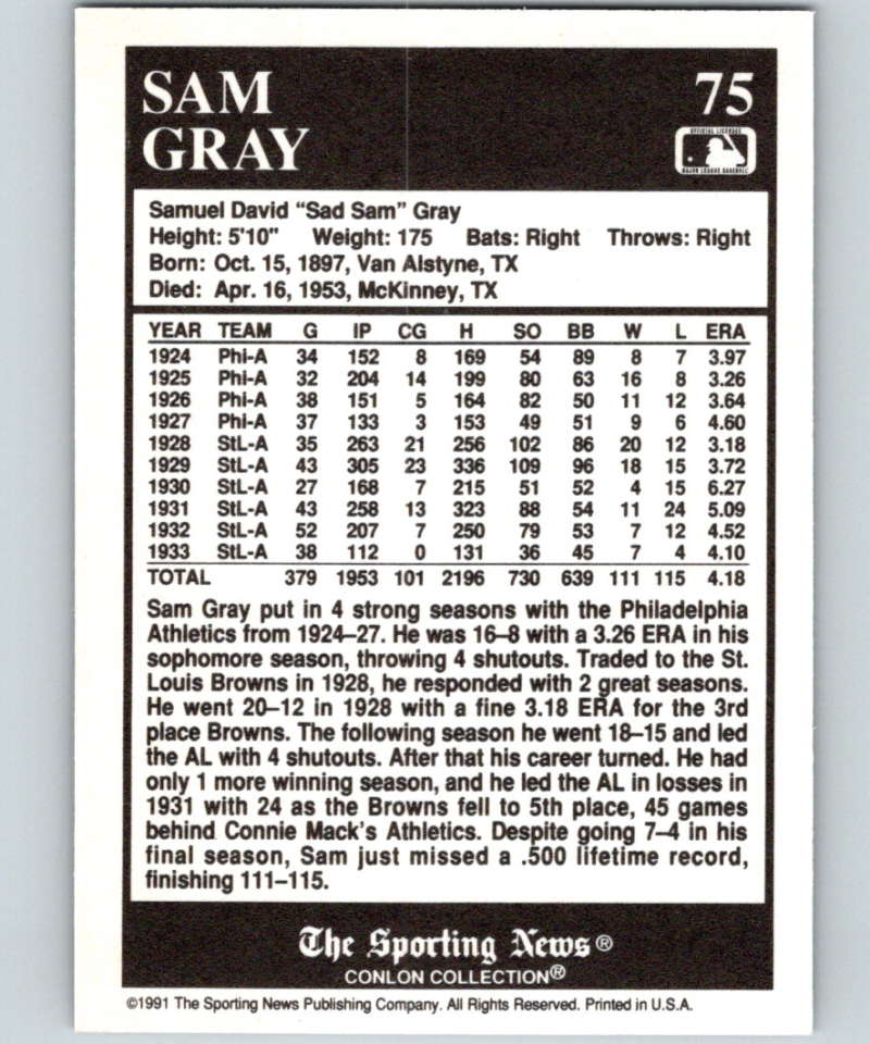 1991 Conlon Collection #75 Sam Gray NM St. Louis Browns  Image 2