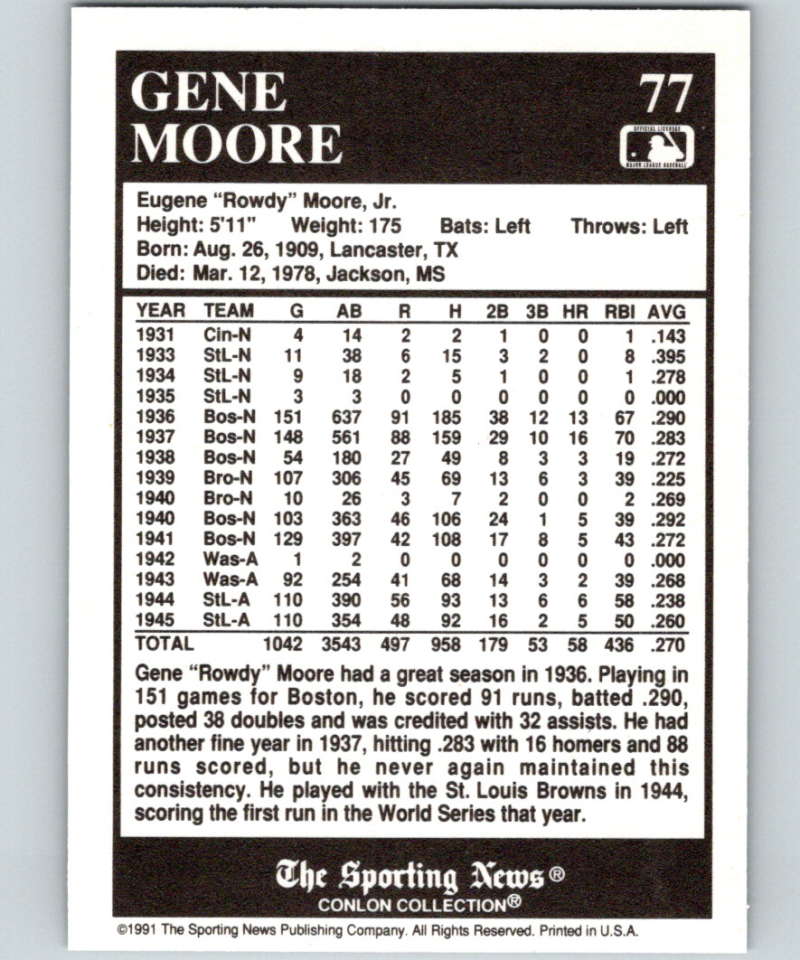 1991 Conlon Collection #77 Gene Moore NM Boston Braves  Image 2