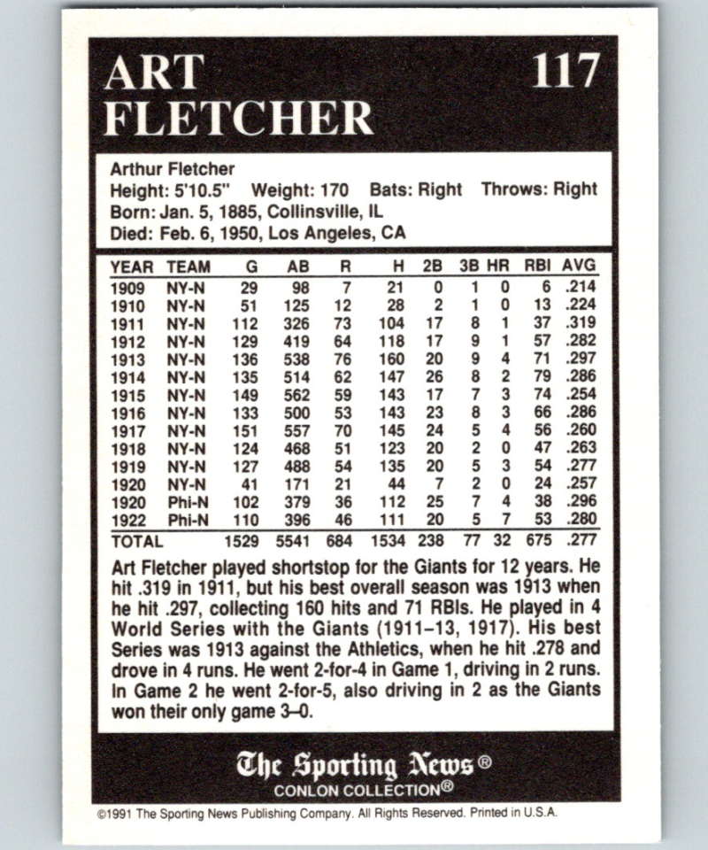 1991 Conlon Collection #117 Art Fletcher/'27NY NM New York Yankees  Image 2