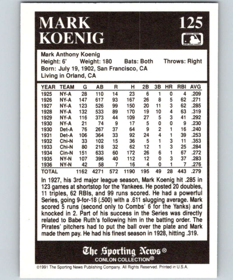 1991 Conlon Collection #125 Mark Koenig NM New York Yankees  Image 2
