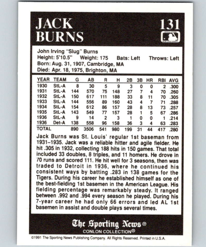 1991 Conlon Collection #131 Jack Burns NM St. Louis Browns  Image 2