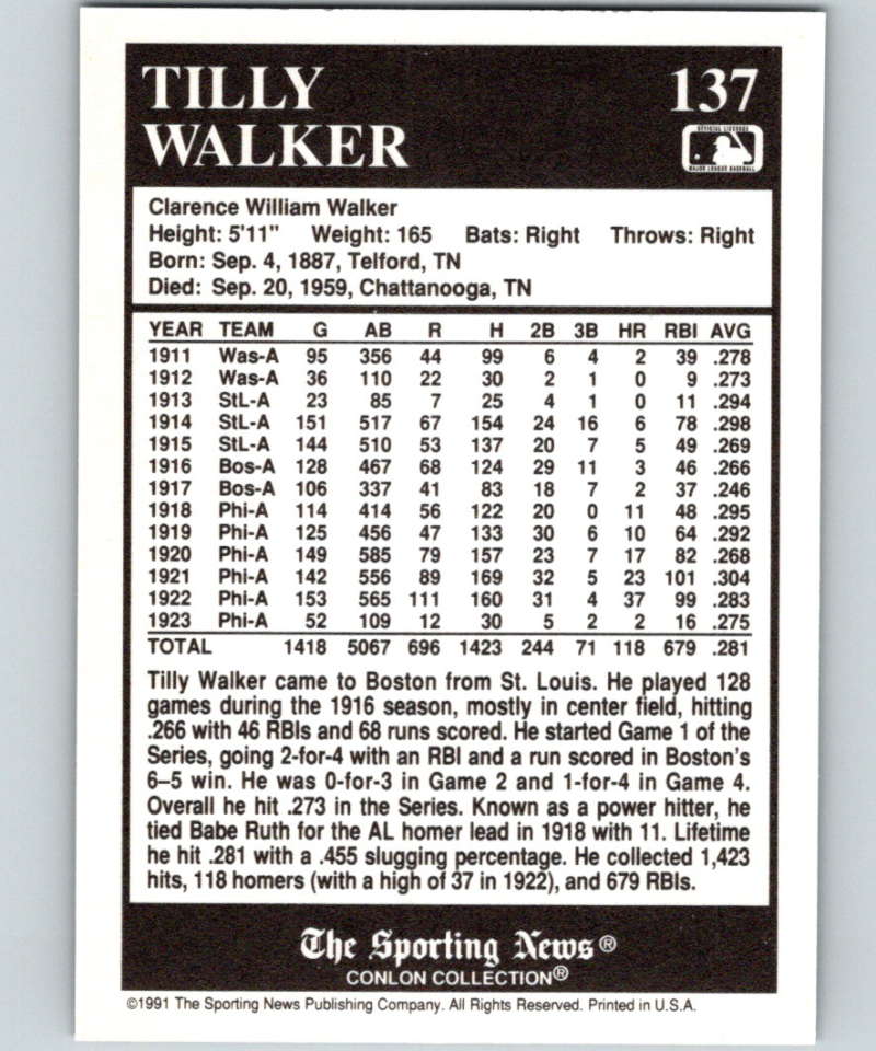 1991 Conlon Collection #137 Tilly Walker NM Boston Red Sox  Image 2