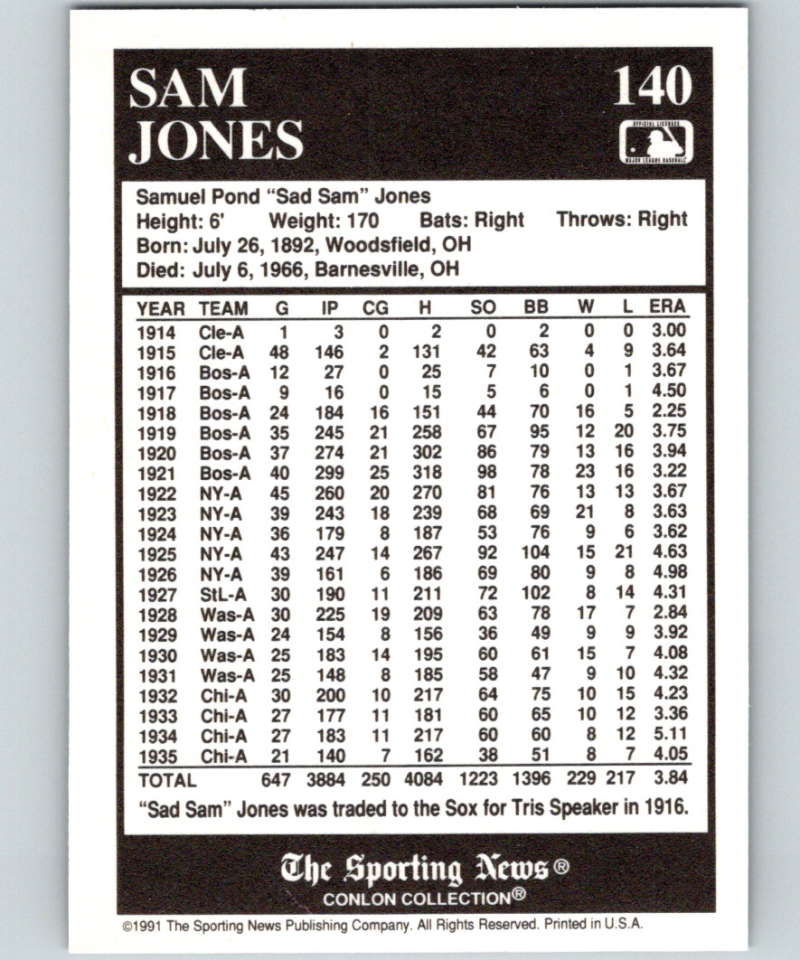 1991 Conlon Collection #140 Sad Sam Jones NM Boston Red Sox  Image 2