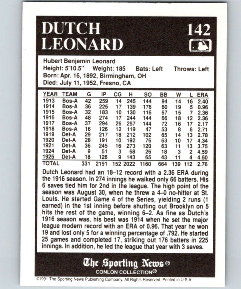 1991 Conlon Collection #142 Dutch Leonard NM Boston Red Sox  Image 2