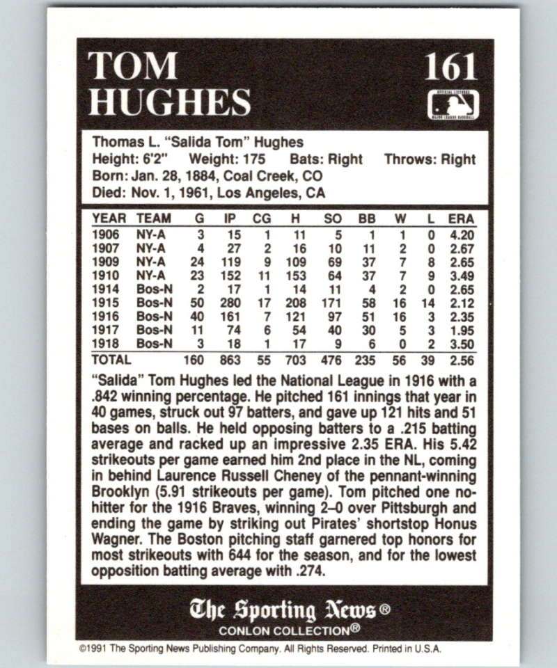 1991 Conlon Collection #161 Tom Hughes LL NM Boston Braves  Image 2