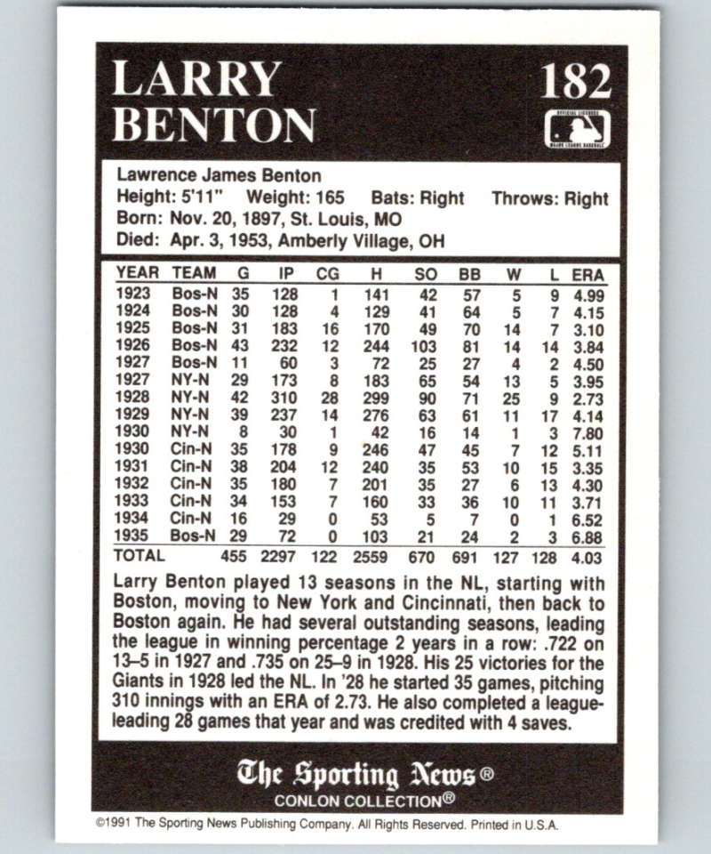 1991 Conlon Collection #182 Larry Benton NM New York Giants  Image 2