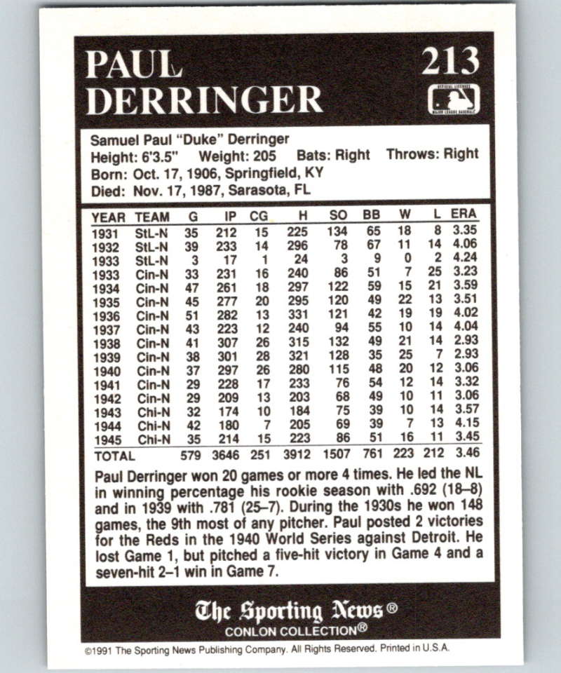 1991 Conlon Collection #213 Paul Derringer NM Cincinnati Reds  Image 2