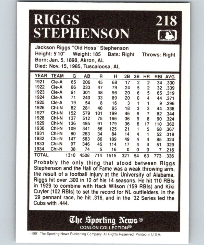 1991 Conlon Collection #218 Riggs Stephenson NM Chicago Cubs  Image 2