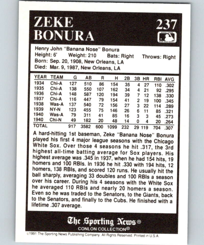 1991 Conlon Collection #237 Zeke Bonura NM Chicago White Sox  Image 2