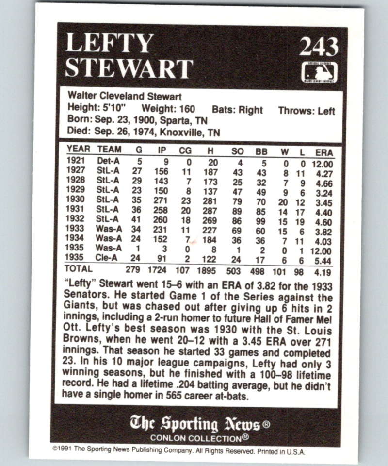 1991 Conlon Collection #243 Lefty Stewart NM Cleveland Indians  Image 2